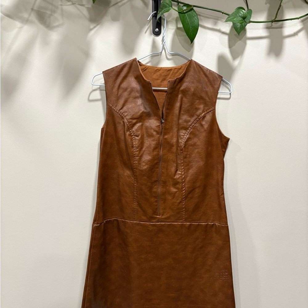 VINTAGE Peggy Barker 1970s Brown Sleeveless Leather Dress